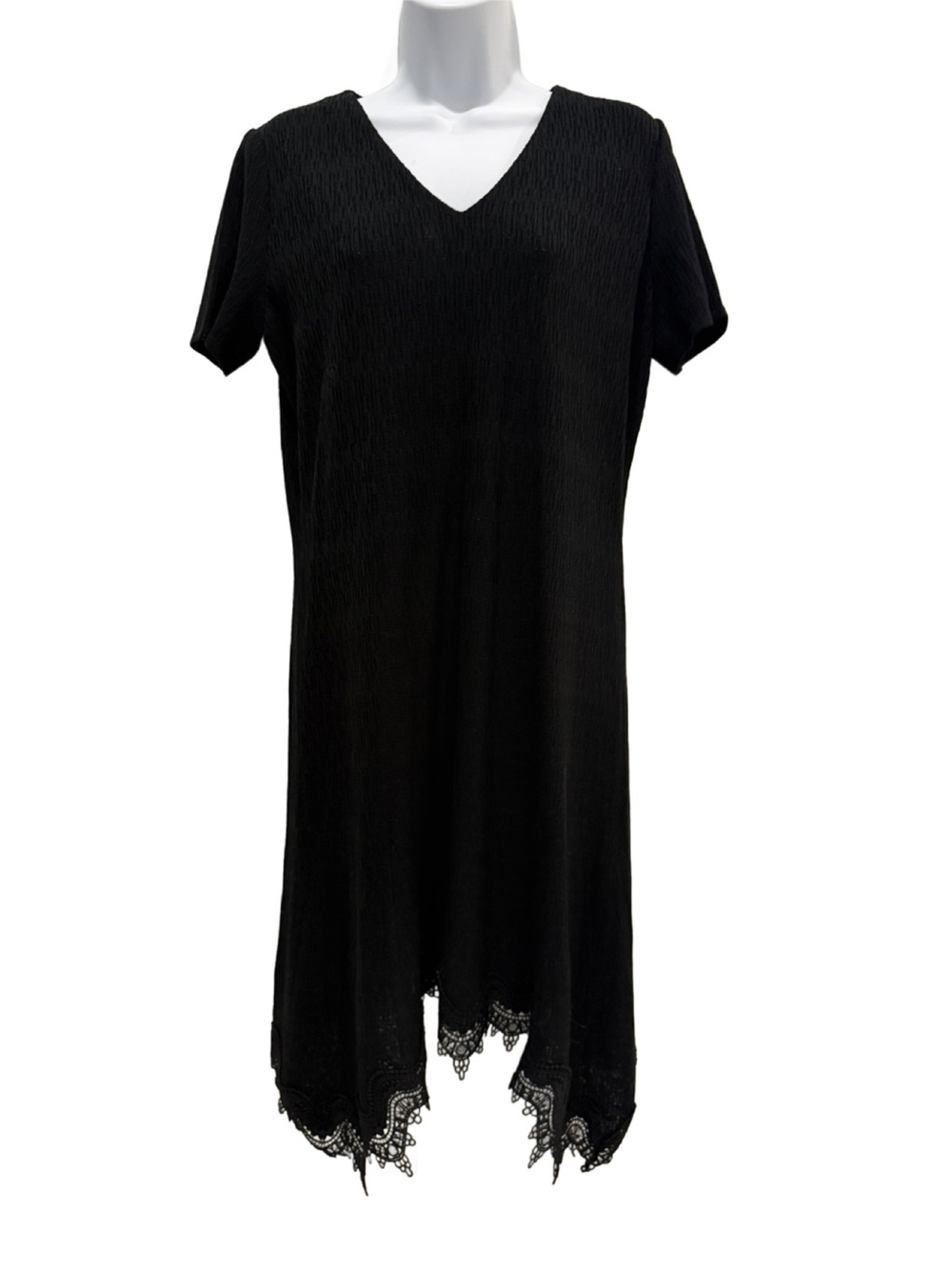 Ming Wang Textured Black Knit Dress with Lace Trim. Small